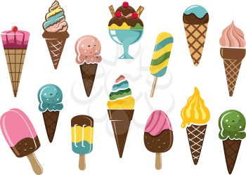 Colorful ice cream icons set showing various flavors of ice cream in cones and colorful frozen fruity lollies with an ice cream sundae, vector illustration on white