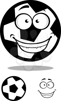 Happy black and white cartoon football or soccer ball with a goofy smile with a second plain variant with the face separate, vector illustration on white