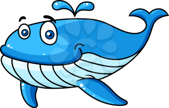 Happy smiling blue cartoon whale character with a water spout, vector illustration isolated on white