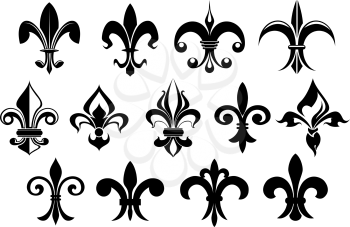 Fleur de lys vintage design elements or icons in black and white suitable for heraldry and classic decor designs in various shapes, vector illustration on white