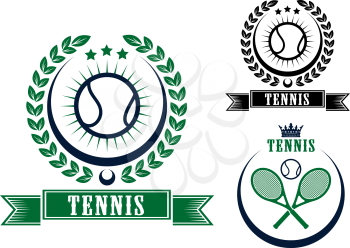 Tennis sports emblems or badges in circular frames, two with balls and a laurel wreath and the third with crossed rackets, vector illustration isolated on white