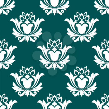 Floral arabesque seamless background pattern with a bold repeat single motif on a grey blue background in square format suitable for damask style fabric, wallpaper and tiles