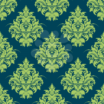Green and blue damask style seamless pattern with a large floral motif in square format suitable for textile and wallpaper