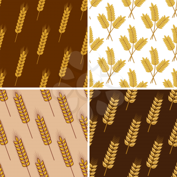 Seamless background patterns of ripe golden ears of wheat and barley with single ears or a group of three on various colored backgrounds