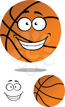 Happy smiling cartoon basketball ball character hovering over a shadow plus a plain variation with separate smile element, vector illustration isolated on white