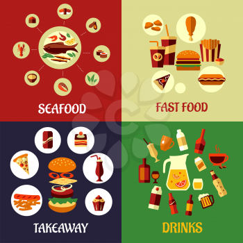 Seafood, fast food, takeaway and drinks flat icons on colorful background for restaurant, cafe or infographics design
