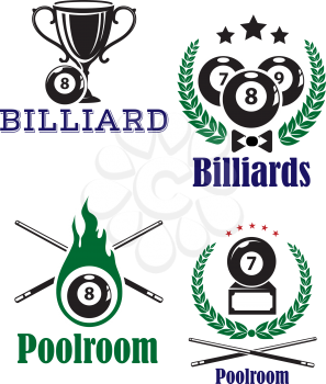 Various billiards or poolroom emblems or symbols on white background woth crossed cues and sport trophy