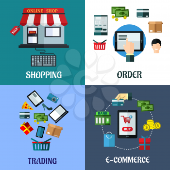 Business and shopping flat concepts with online shop, trading, e-commcerce and order icons