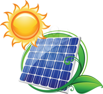 Solar panel or battery with shining sun for technology, ecology and environment concept design
