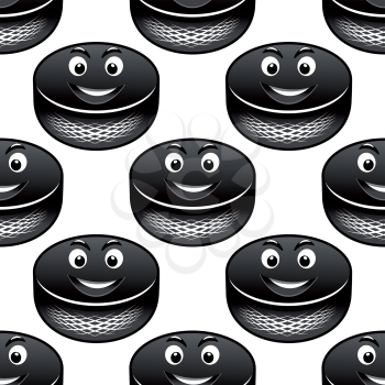 Smiling hockey pucks seamless pattern for ice hockey sports design