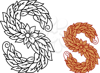 Floral and foliate font uppercase letter S with flowers and leaves in two color variants, vector illustration
