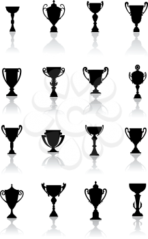 Large set of black vector silhouette sporting trophies or winners cups with reflections to be awarded in a competition