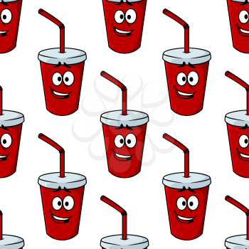 Seamless background pattern of a takeaway beverage in a red sealed cup with a straw and happy smiling face in square format, vector illustration on white