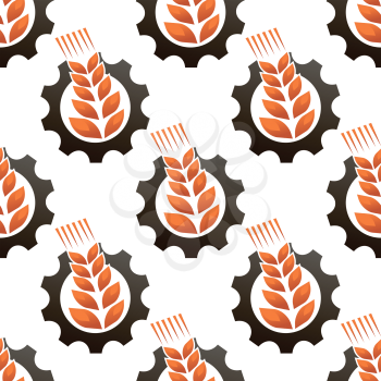 Seamless background pattern of an ear of wheat or barley inside a gear wheel conceptual of industry in agriculture