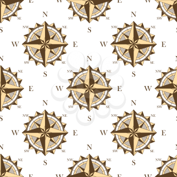 Vintage nautical compass seamless background pattern in brown and white for travel design