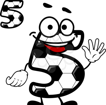 Happy cartoon number 5 character with a soccer ball hexagonal pattern waving at the viewer, with a second straight variant with no face