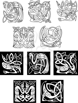 Stork and heron birds in celtic ornaments or patterns in black and white on both a white and black background, vector illustration