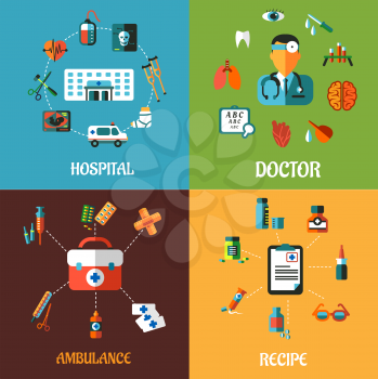 Creative flat medical concept designs including hospital, doctor, ambulance and intake recipe icons and elements