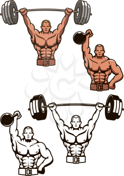 Cartooned bodybuilder lifting weights with barbell and dumbbbell for sports design