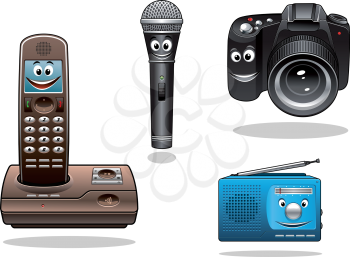 Gadgets and devices in cartoon style. Camera, radio, microphone and hand free phone