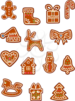 Brown Christmas gingerbreads and cookies with man, deer, hat, heart, home, bell, horse, pine tree, gift and snowman