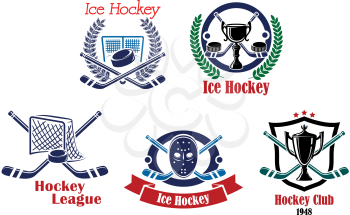Ice hockey, hockey club and league emblems, badges, symbols with hockey equipment, trophy cup framed in a laurel wreath or heraldic shield on white background