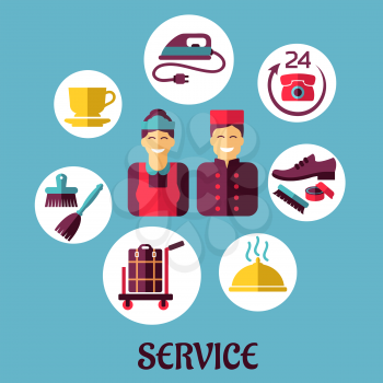 Flat icons design for hotel services with bell boy, maid and composition of room services on blue background