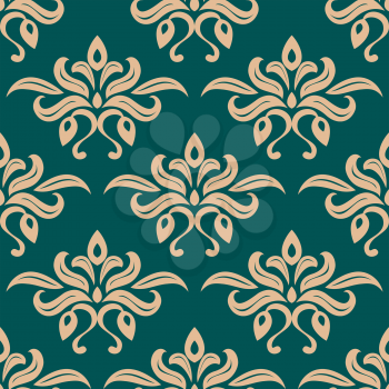 Abstract floral seamless pattern with stylized beige tulip flowers on green background for wallpaper or fabric design