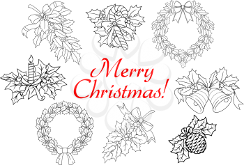 Christmas and New Year holly decorations with wreaths, candy, branches, bells, berries, bows, bump, candle in outline style