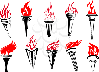 Flaming torches icons set with red flame and black handle for sports and peace concept design