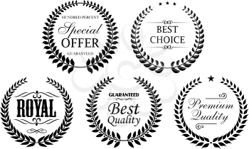 Product or company promotion icons with laurel wreaths, stars and text Royal, Best Choice, Premium Quality, Special Offer