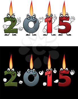 New Year or Christmas design element with cartoon funny smiling numeric candles 2015 on white and black background for party, invitation and greeting card 