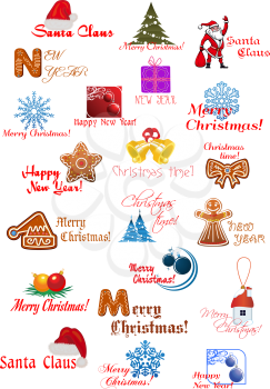 Christmas and New Year traditional design elements with Santa Claus, christmas tree, balls, gingerbread, snowflakes and wishes Happy New Year and Merry Christmas