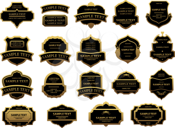 Gold and black vintage labels set with shields, ribbons, banners for heraldry, beverages bottle or food pack design