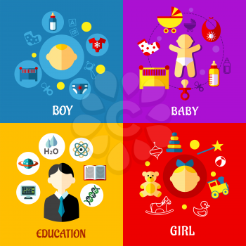 Flat design concept for growing up child from newborn to pupil with newborn, babies and school surrounded childish and education symbols