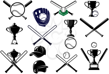 Baseball sports equipment elements for sport emblems and logo design with bats, gloves, balls, helmet, cap and trophies
