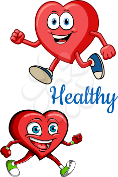 Health concept for cardiology and healthcare design with red cartoon jogging smiling heart characters with blue caption Healthy