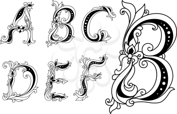 Capital outline floral letters A, B, C, D, E, F ornate decorated with flowers and leaves for romantic and vintage design