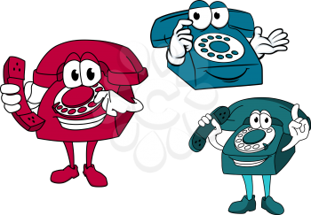 Smiling cartooned dial telephones in blue and red colors holding up the phone