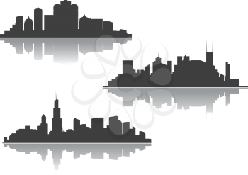 Skylines of modern city with reflection and silhouettes of skyscrapers and towers for business and travelling design