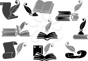 Literary set of gray and black open books, feathers, inkwells and parchments icons for historical, poetic and education design