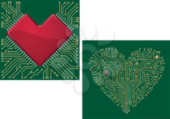 Computer motherboard with heart chip and shape for love concept design