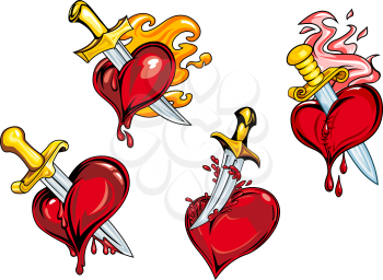 Bleeding hearts stabbed by daggers with fire flames. For tattoo or Valentine holiday design