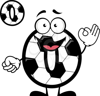 Cartoon soccer or football ball pattern number zero with cheerful smiling face showing ok sign for competition score or mathematic lessons design