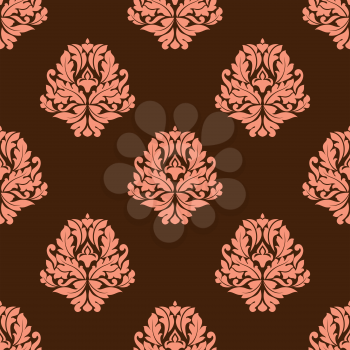 Foliate seamless pattern with baroque stylized pink flowers composed of leaves scrolls and curls on brown background suitable for fabric and wallpaper design
