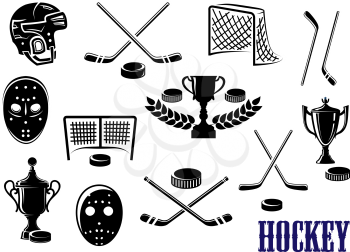 Ice hockey emblem and logo design elements with hockey pucks, masks, helmet, crossed sticks, gates and trophy cups decorated laurel wreath