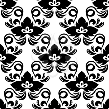 Floral seamless pattern in black and white with abstract bold flowers based on shamrock leaves adorned twisted tendrils suitable for background and wallpaper design