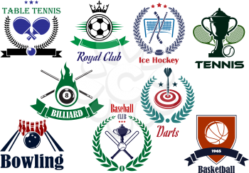 Competitive sports heraldic design elements for football or soccer, ice hockey, darts, basketball, billiards, bowling, baseball and table tennis with shield, wreaths and ribbon banners