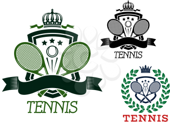Tennis heraldic emblems in retro style with crossed rackets and balls on crowned shields, ribbon banners and laurel wreath for sporting design