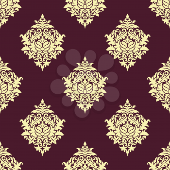 Floral seamless oriental pattern with beige lush flowers consist of twirls, curly leaves and elegant petals on burgundy background for wallpaper and fabric design